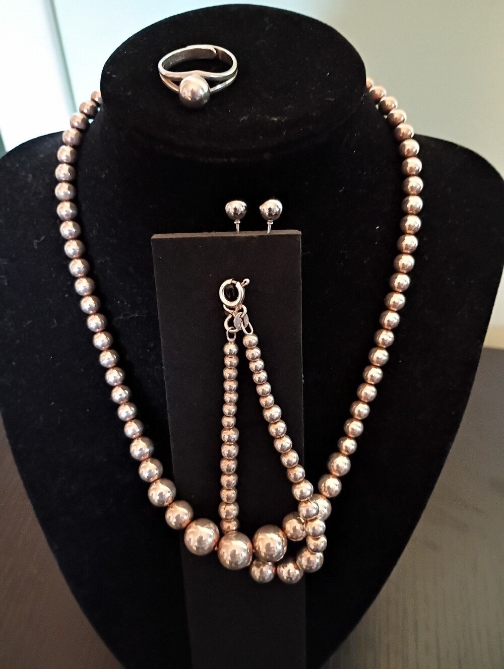 Vtg Rare 925 Graduated Ball Parure Necklace Bracelet Earrings Ring ExcCond MustC